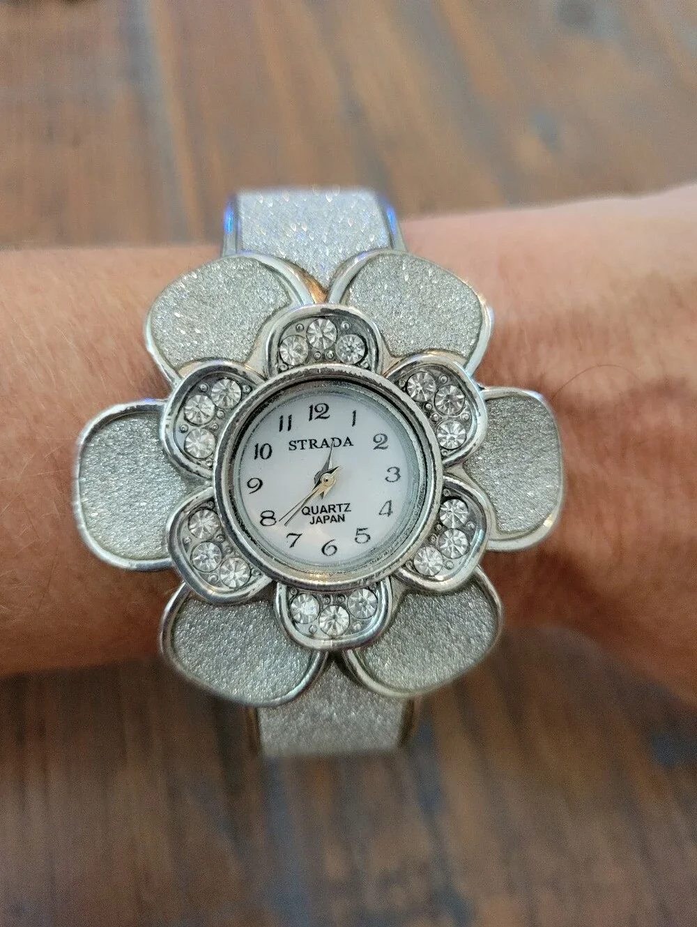 Strada Silver Glitter & Rhinestone Flower Watch
